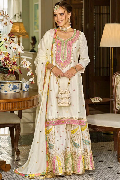 Buy Off White Chinon Silk Embroidered Palazzo Suit at PinkPhulkari 