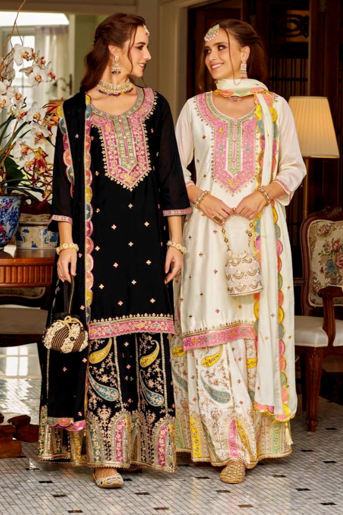 Black Chinon Silk Embroidered Palazzo Style Suit