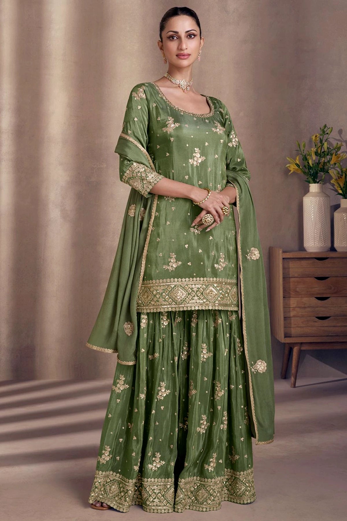 Buy Olive Green Embroidered Chinon Silk Gharara Style Suit Online