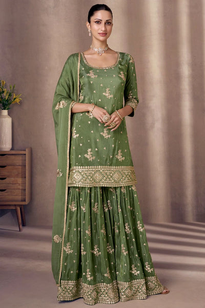 Buy Olive Green Embroidered Chinon Silk Gharara Style Suit OnlineBuy Olive Green Embroidered Chinon Silk Gharara Style Suit Online