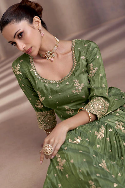 Buy Olive Green Embroidered Chinon Silk Gharara Style Suit OnlineBuy Olive Green Embroidered Chinon Silk Gharara Style Suit Online