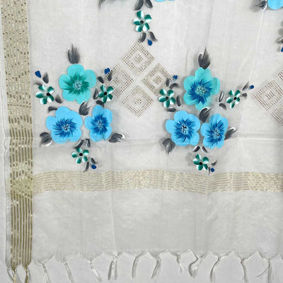 Hand Painted Floral Dupatta White PD2 at PinkPhulkari CaliforniaHand Painted Floral Dupatta White PD2 at PinkPhulkari California
