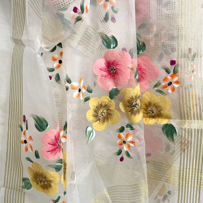 Hand Painted Floral Dupatta White PD1 at PinkPhulkari CaliforniaHand Painted Floral Dupatta White PD1 at PinkPhulkari California