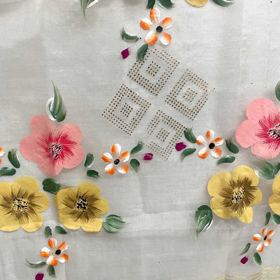 Hand Painted Floral Dupatta White PD1 at PinkPhulkari CaliforniaHand Painted Floral Dupatta White PD1 at PinkPhulkari California