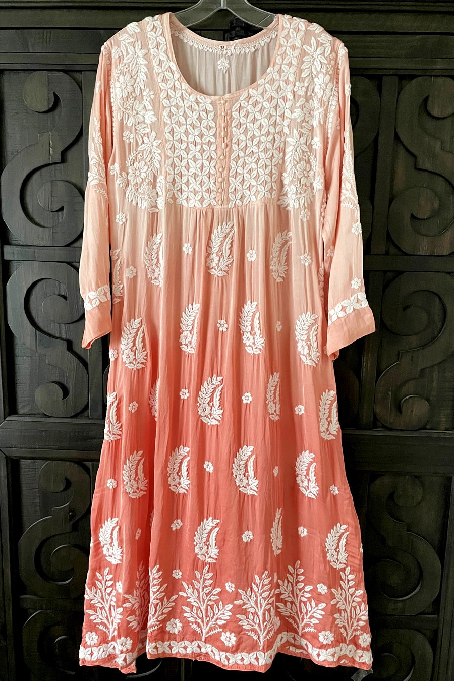 Buy Peach Ombre Modal Satin Lucknowi Chikankari A Line Kurti Dress 