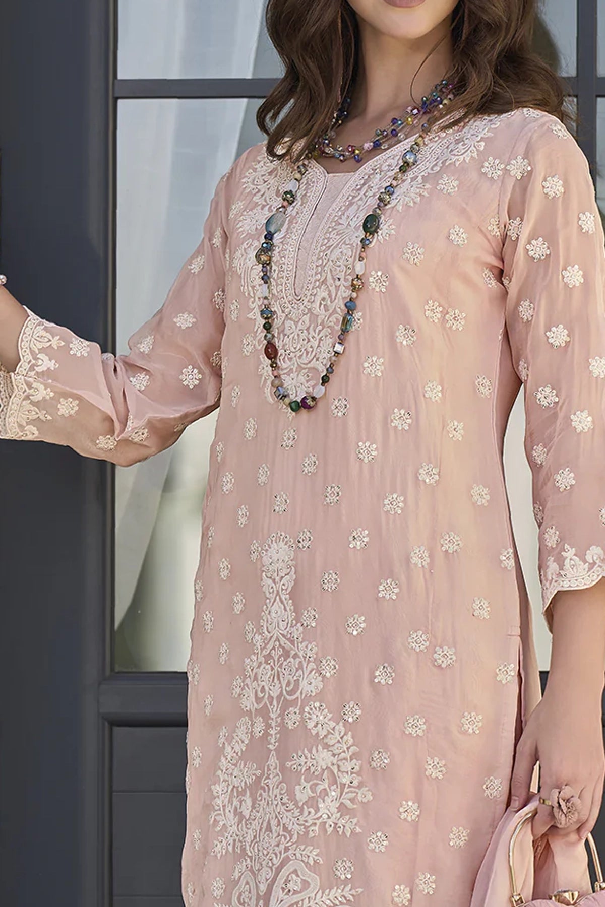 Buy Peach Pink Embroidered Organza Pant Style Suit at PinkPhulkari 