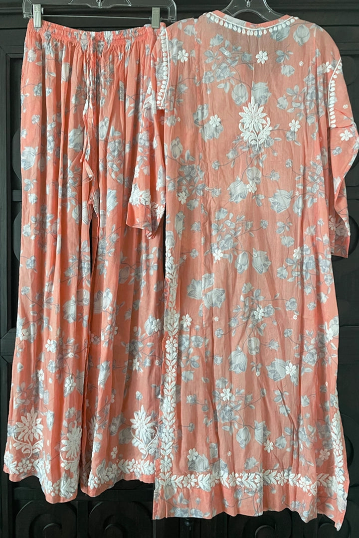 Peach Floral Print Lucknowi Palazzo Suit at PinkPhulkari California