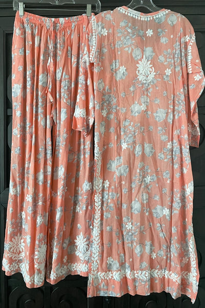 Peach Floral Print Lucknowi Palazzo Suit at PinkPhulkari CaliforniaPeach Floral Print Lucknowi Palazzo Suit at PinkPhulkari California