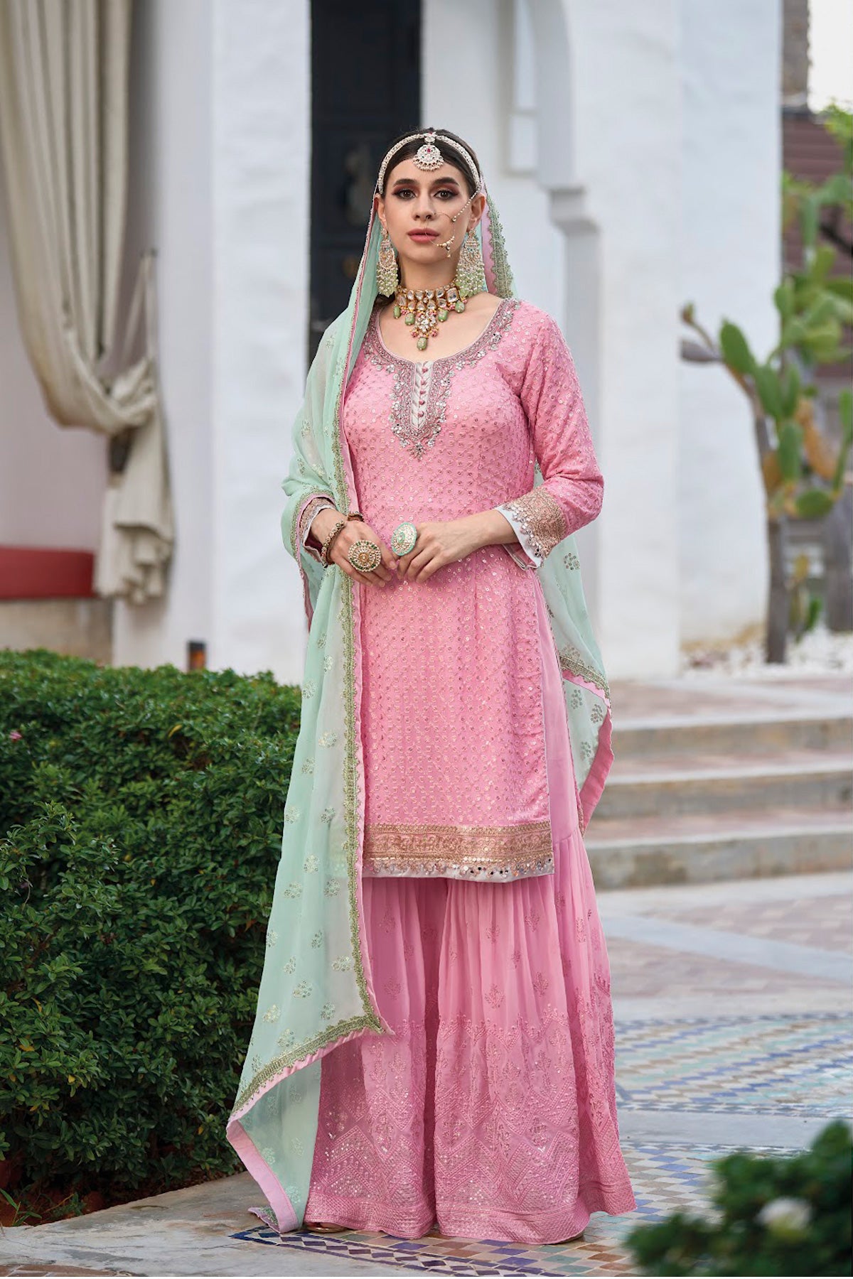 Buy Pink Georgette Embroidered Gharara Suit at PinkPhulkari 