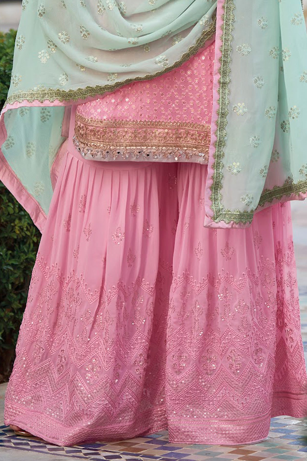 Buy Pink Georgette Embroidered Gharara Suit at PinkPhulkari 