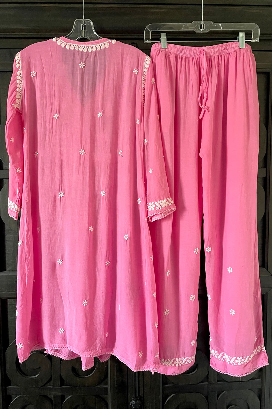 Pink Lucknowi Hand Embroidered Short Frock A-Line Peplum Kurta Set