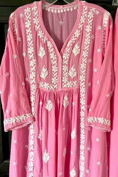 Pink Lucknowi Hand Embroidered Short Frock A-Line Peplum Kurta SetPink Lucknowi Hand Embroidered Short Frock A-Line Peplum Kurta Set