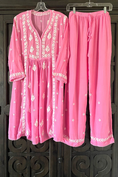 Pink Lucknowi Hand Embroidered Short Frock A-Line Peplum Kurta SetPink Lucknowi Hand Embroidered Short Frock A-Line Peplum Kurta Set