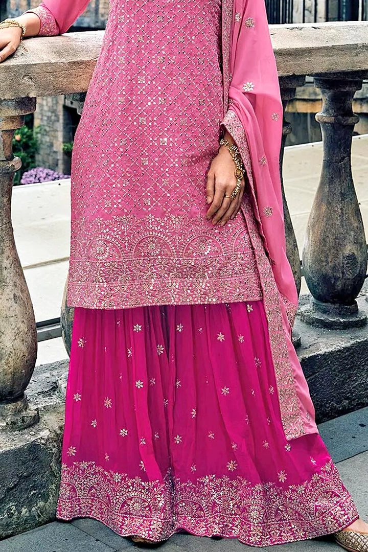 Buy Pink Embroidered Georgette Sharara Suit at PinkPhulkari California