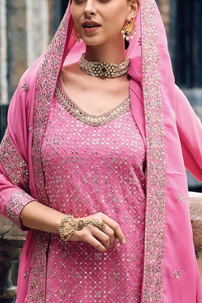 Buy Pink Embroidered Georgette Sharara Suit at PinkPhulkari CaliforniaBuy Pink Embroidered Georgette Sharara Suit at PinkPhulkari California