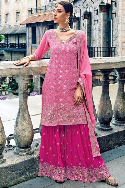 Buy Pink Embroidered Georgette Sharara Suit at PinkPhulkari CaliforniaBuy Pink Embroidered Georgette Sharara Suit at PinkPhulkari California