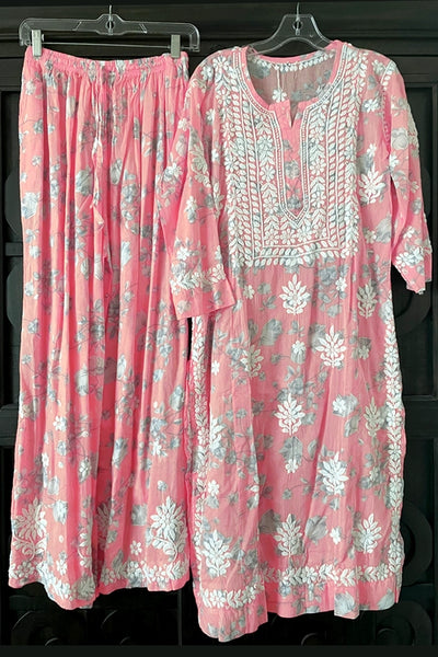 Buy Pink Floral Print Lucknowi Palazzo Suit at PinkPhulkari CaliforniaBuy Pink Floral Print Lucknowi Palazzo Suit at PinkPhulkari California