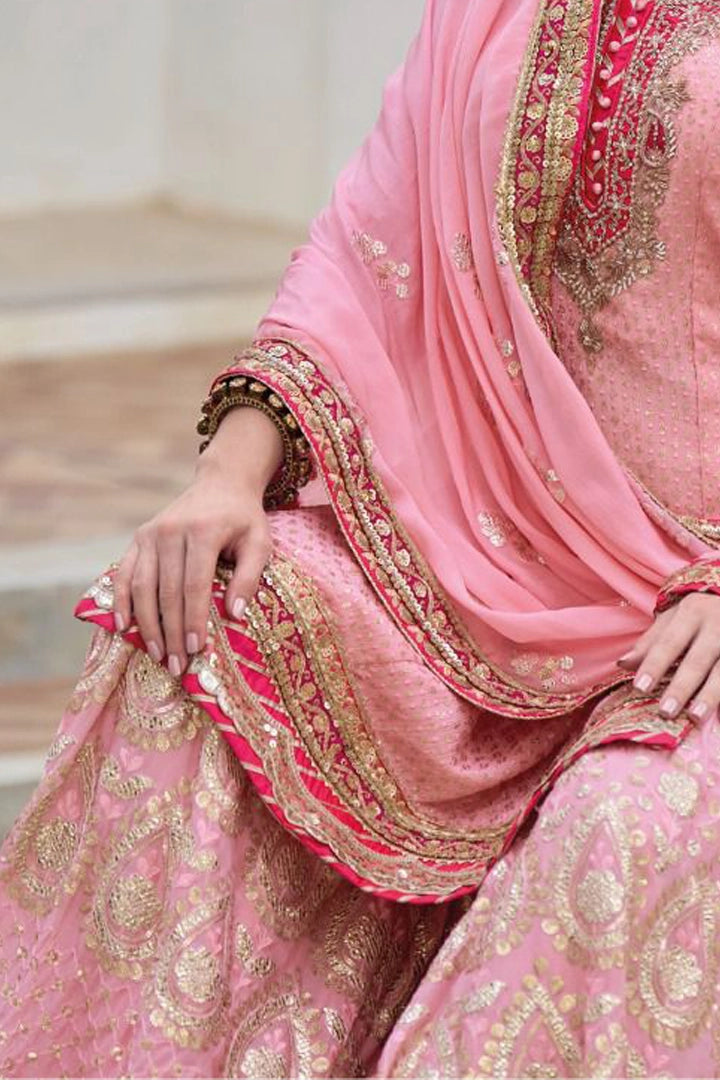 Buy Pink Georgette Embroidered Heavy Sharara Suit at PinkPhulkari 