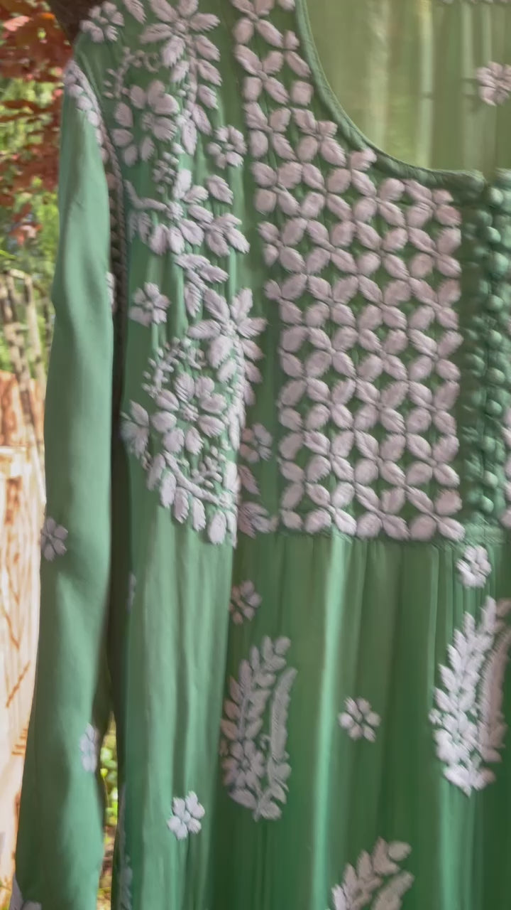 Green Modal Satin Lucknowi Chikankari A Line Kurta Dress