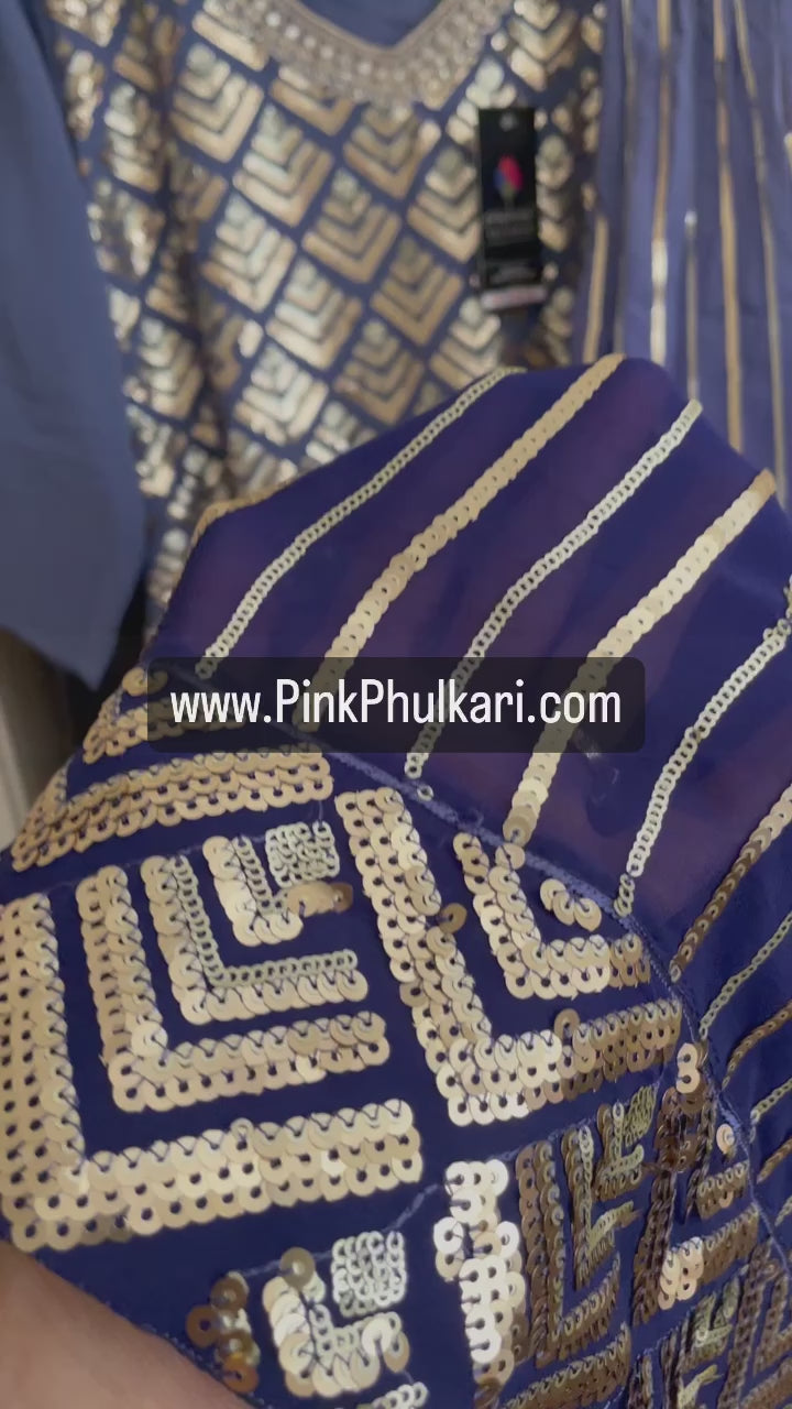 Buy Blue Embroidered Georgette Sharara Suit at PinkPhulkari California