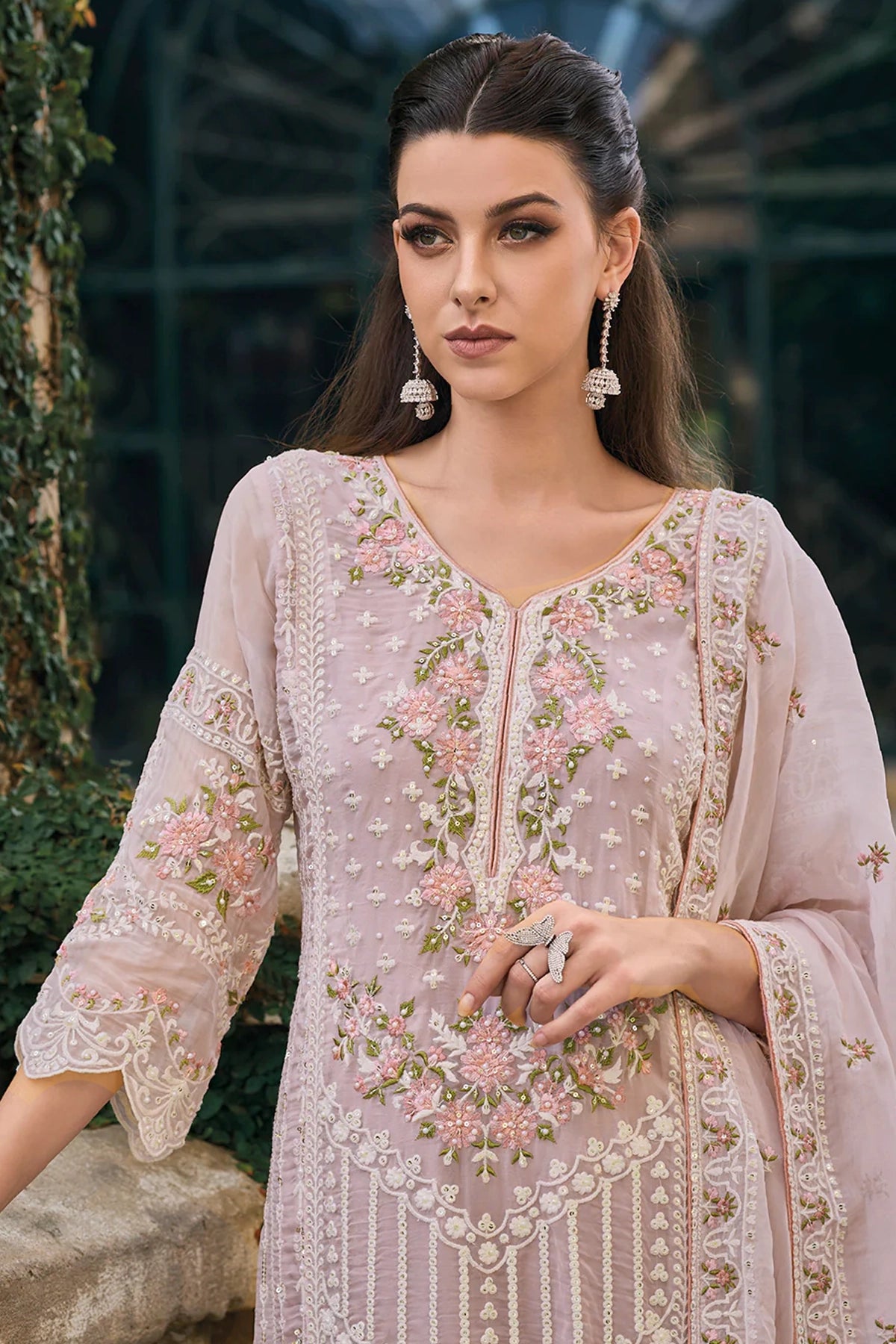 Rose Pink Embroidered Soft Organza Pant Style Suit