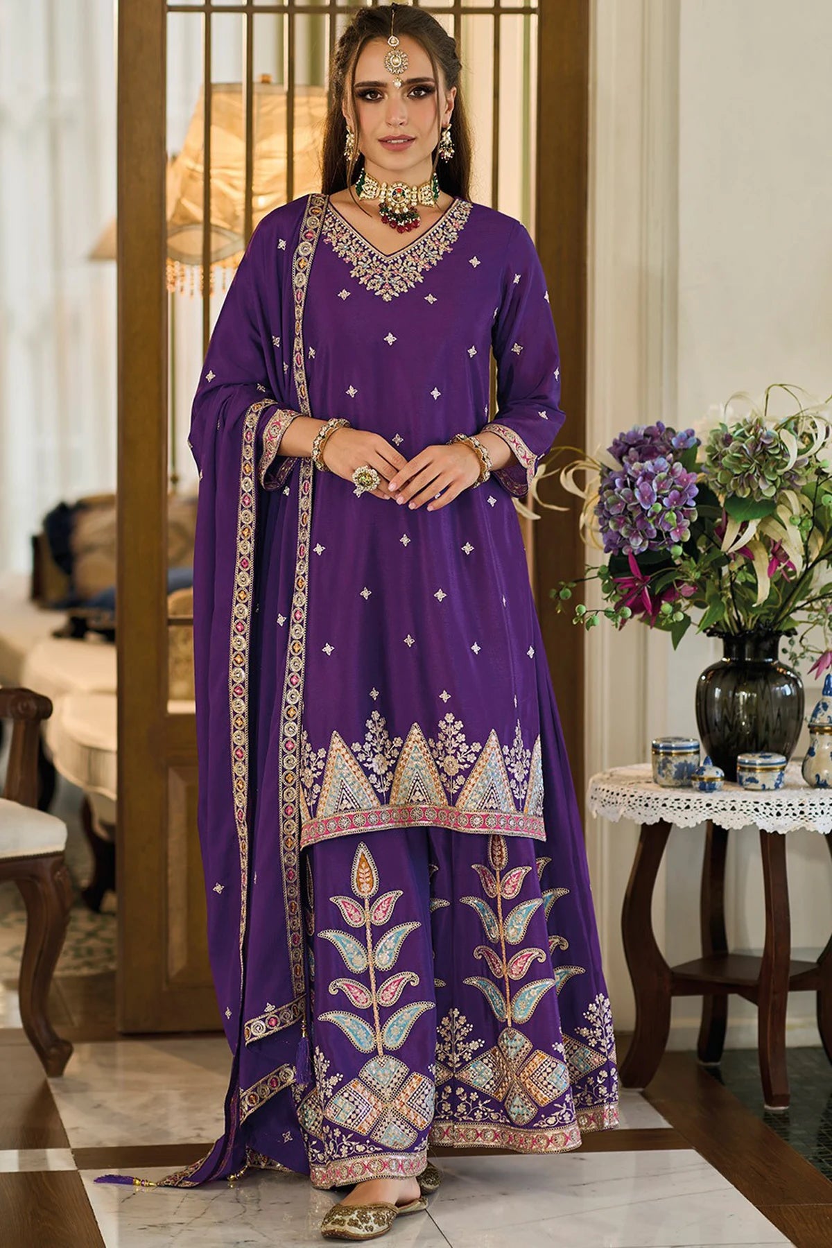 Buy Purple Chinon Silk Palazzo Style Suit at PinkPhulkari California