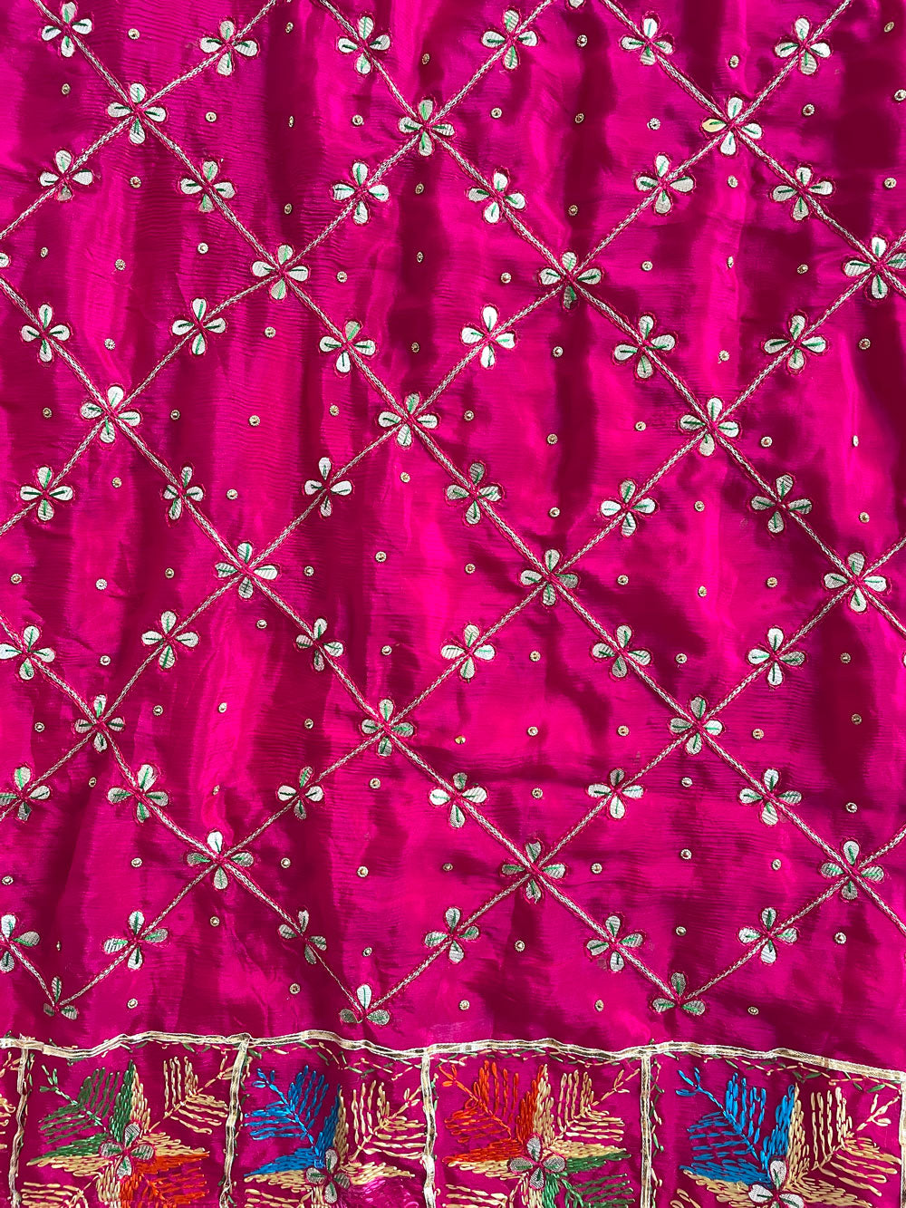 Pink Pure Silk Handwork Phulkari Dupatta at PinkPhulkari California
