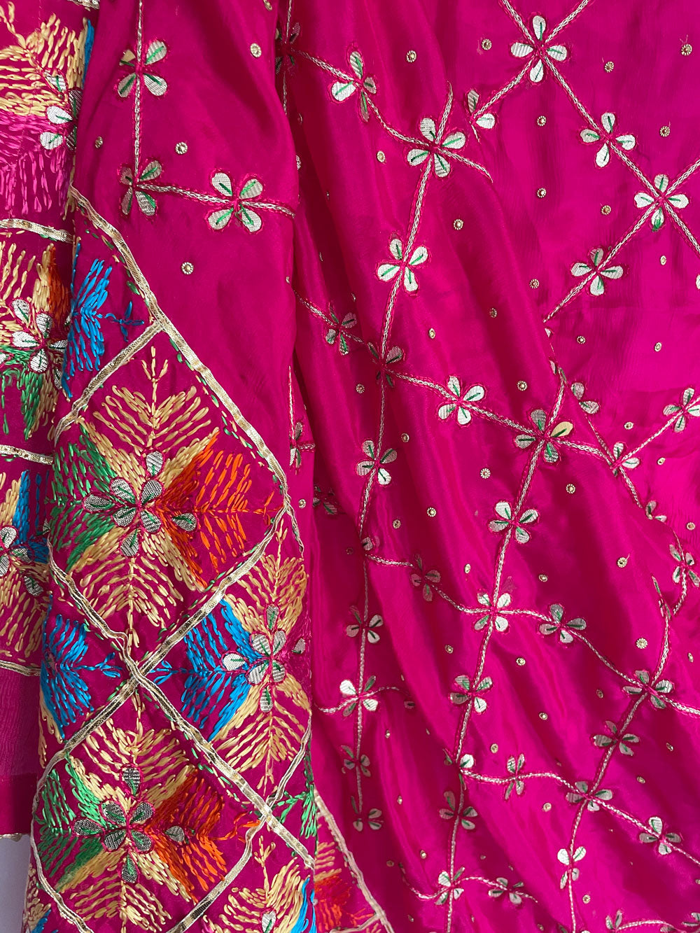 Pink Pure Silk Handwork Phulkari Dupatta at PinkPhulkari California