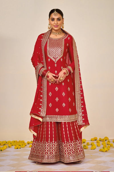 Buy Red Georgette Embroidered Palazzo Suit at PinkPhulkari California