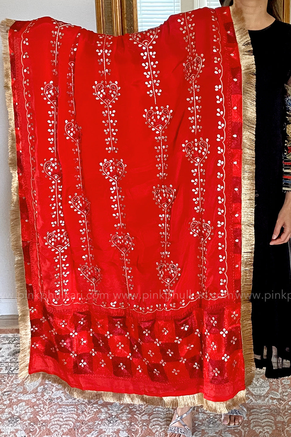 Pure Silk Bridal Phulkari Dupatta Red at PinkPhulkari California