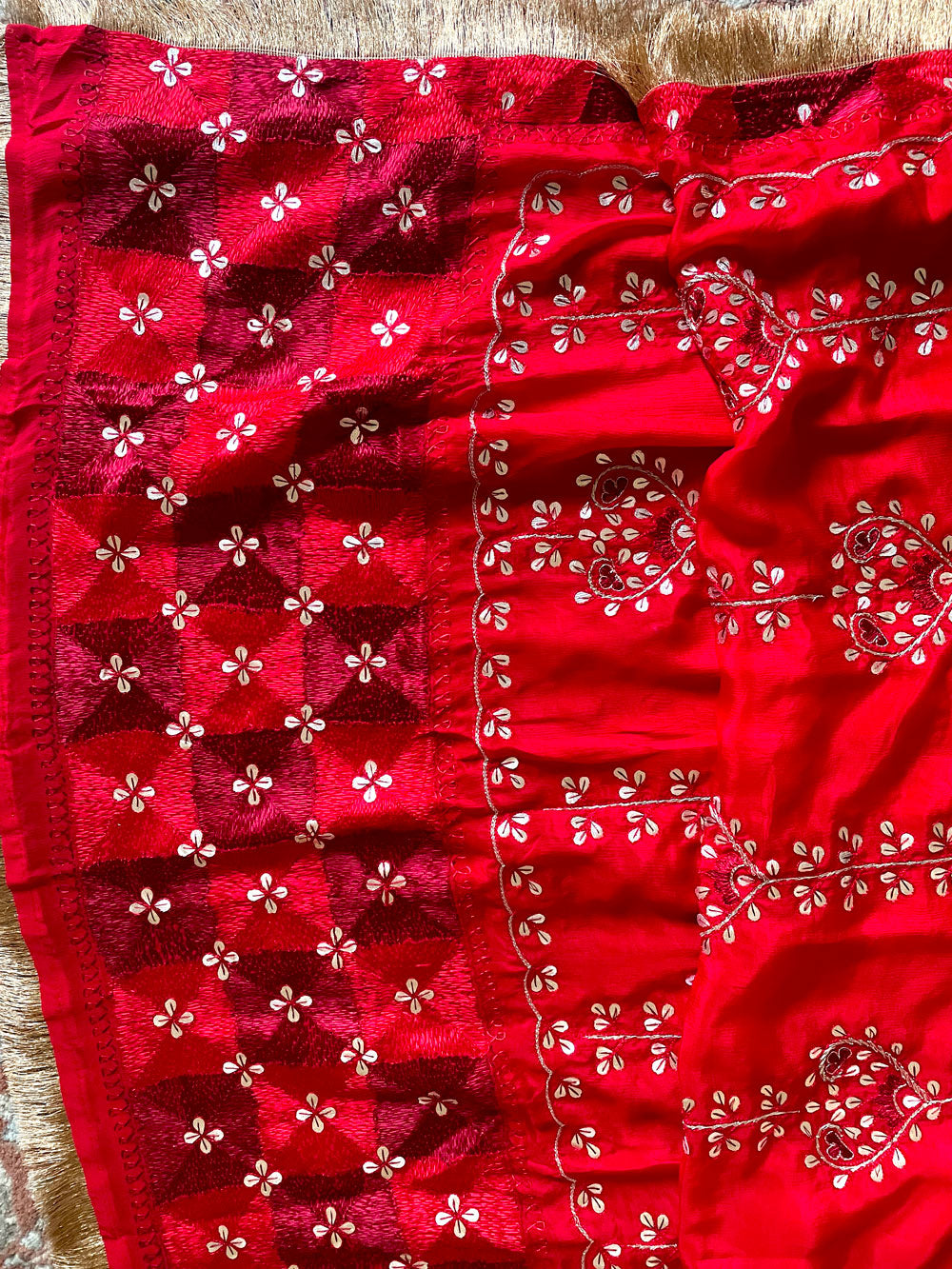 Pure Silk Bridal Phulkari Dupatta Red at PinkPhulkari California