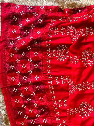 Pure Silk Bridal Phulkari Dupatta Red at PinkPhulkari CaliforniaPure Silk Bridal Phulkari Dupatta Red at PinkPhulkari California