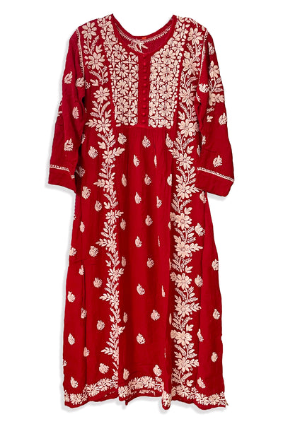 Buy Red Chikankari A Line Kurta Dress at PinkPhulkari California