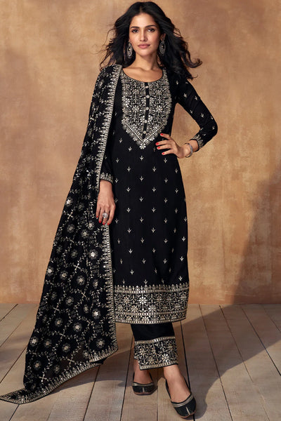 Buy Black Embroidered Art Silk Suit at PinkPhulkari CaliforniaBuy Black Embroidered Art Silk Suit at PinkPhulkari California