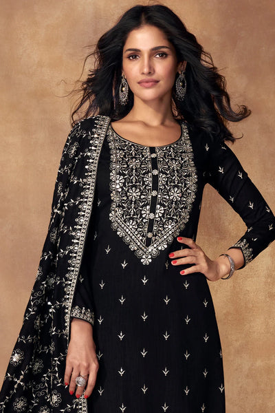 Buy Black Embroidered Art Silk Suit at PinkPhulkari CaliforniaBuy Black Embroidered Art Silk Suit at PinkPhulkari California