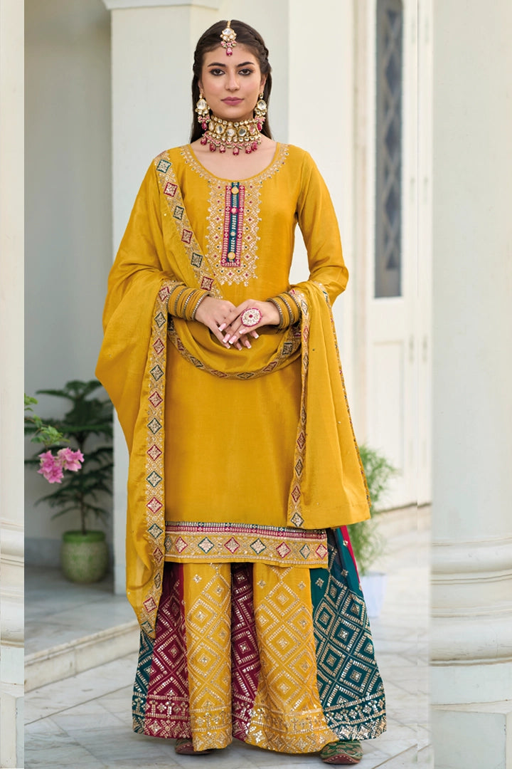 Mustard Color Embroidered Chinon Silk Palazzo Salwar Suit