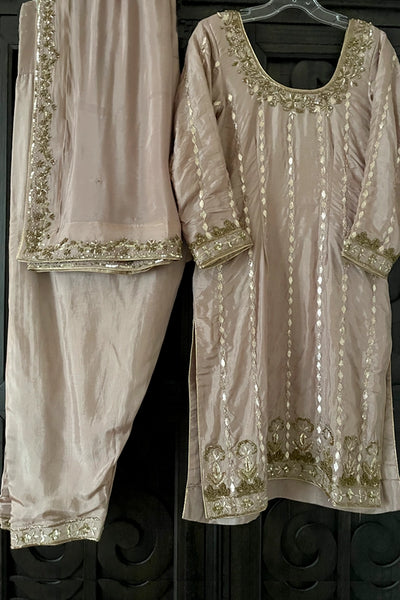 Tan Hand Embroidered Patiala Salwar Suit at PinkPhulkari CaliforniaTan Hand Embroidered Patiala Salwar Suit at PinkPhulkari California