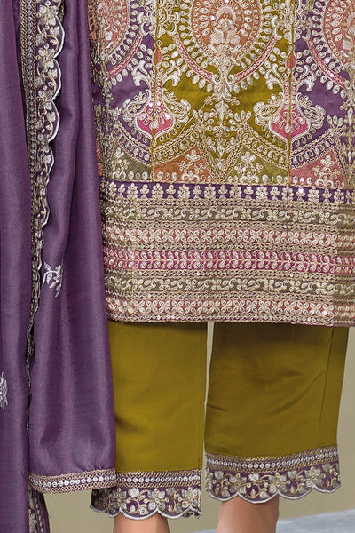 Olive Green & Purple Embroidered Pant Suit at PinkPhulkari CaliforniaOlive Green & Purple Embroidered Pant Suit at PinkPhulkari California
