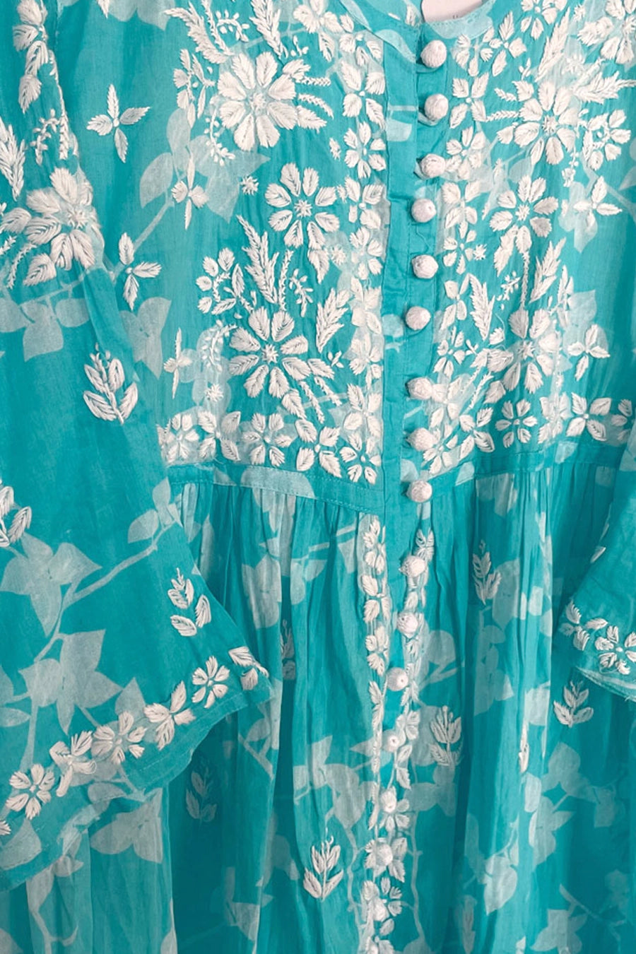 Turquoise Mulmul Cotton Lucknowi Chikankari Kurti at PinkPhulkari 
