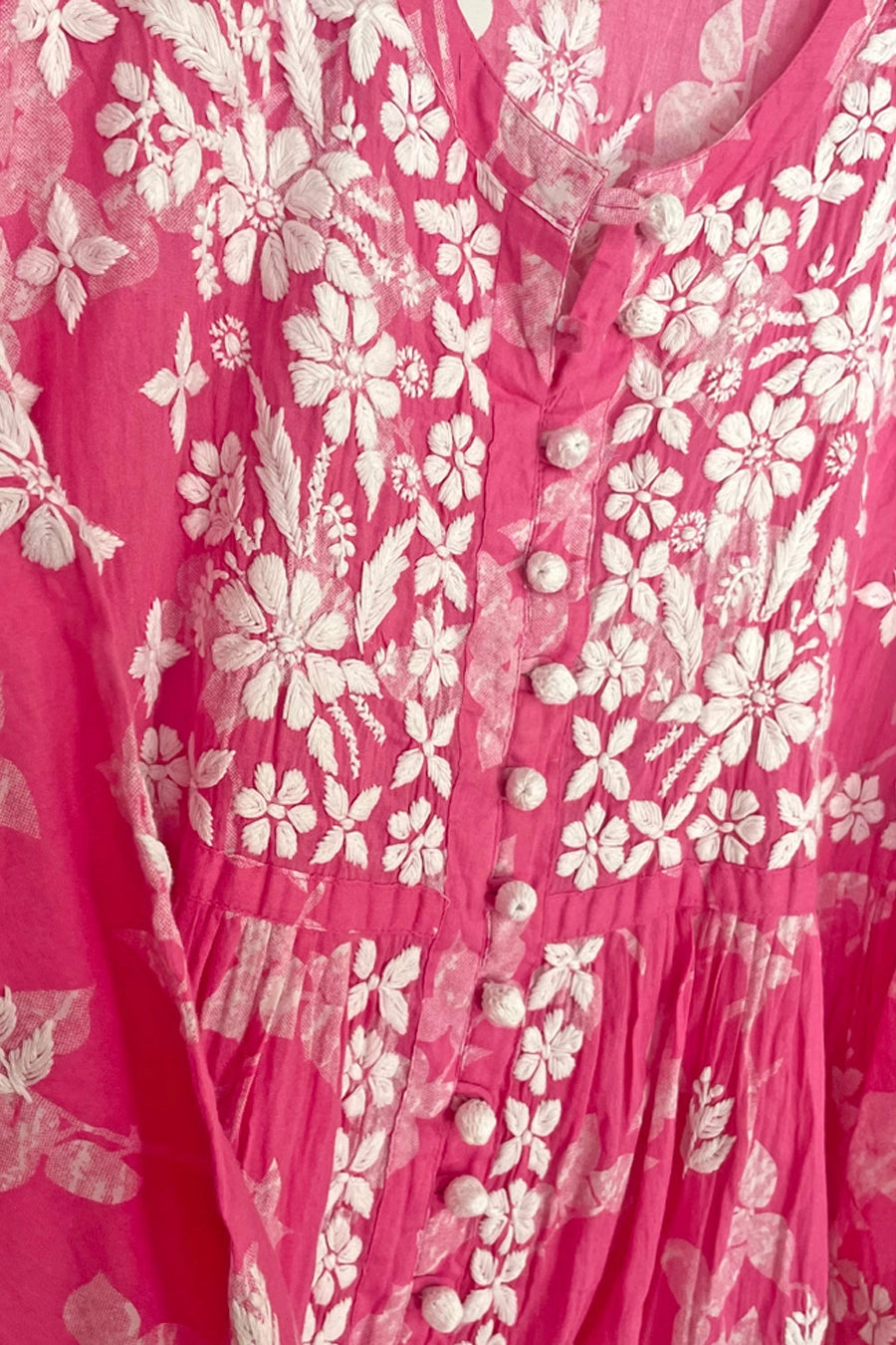 Pink Mulmul Cotton Short Lucknowi Chikankari Kurti at PinkPhulkari 