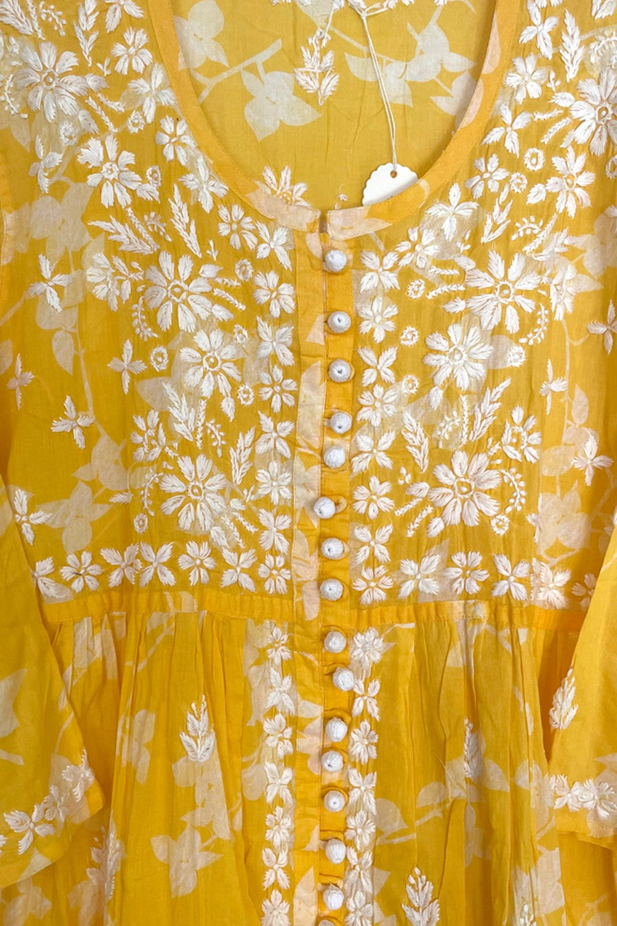 Yellow Mulmul Cotton Lucknowi Chikankari Short Kurti at PinkPhulkari 