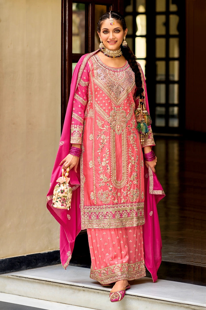 Pink Embroidered Traditional Palazzo Suit at PinkPhulkari