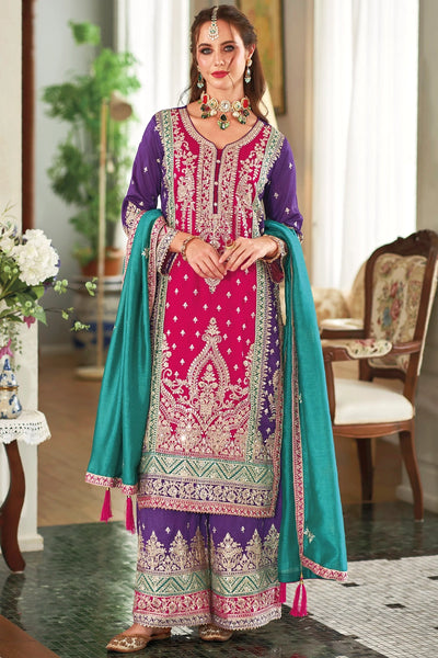 Buy Heavy Embroidered Color Block Traditional Suit at PinkPhulkari