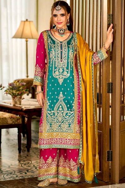 Teal Blue Silk Heavy Embroidered Color Block Traditional Suit 