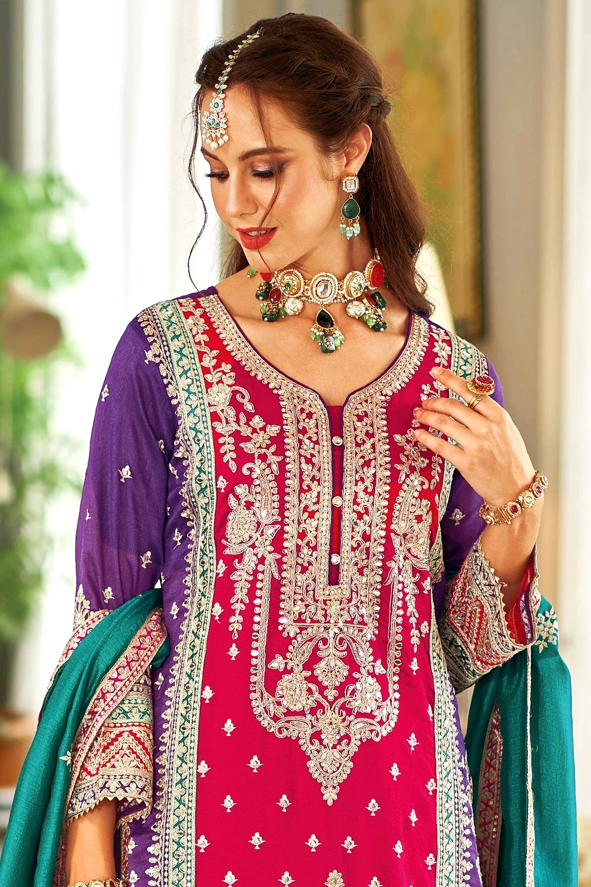 Buy Heavy Embroidered Color Block Traditional Suit at PinkPhulkari