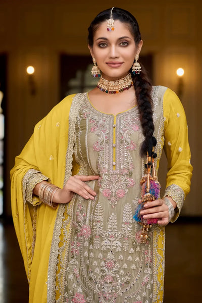 Buy Tan Chinon Silk Embroidered Palazzo Style Suit at PinkPhulkari Buy Tan Chinon Silk Embroidered Palazzo Style Suit at PinkPhulkari 
