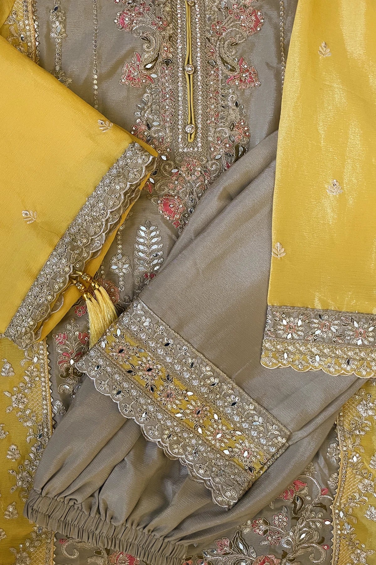 Buy Tan Chinon Silk Embroidered Palazzo Style Suit at PinkPhulkari 