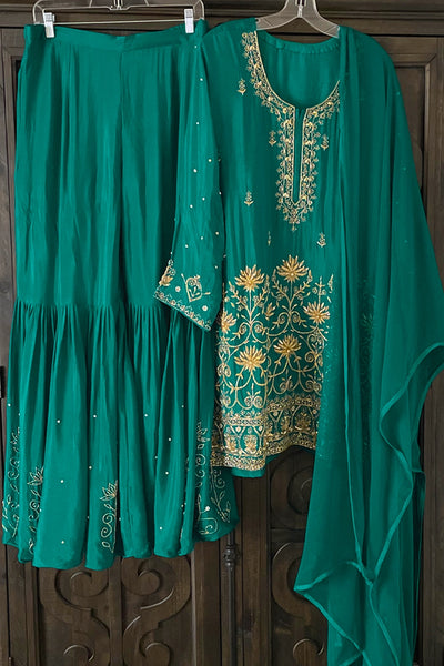 Zinc Green Chinon Silk Cutdana Zari Work Sharara Suit at PinkPhulkari