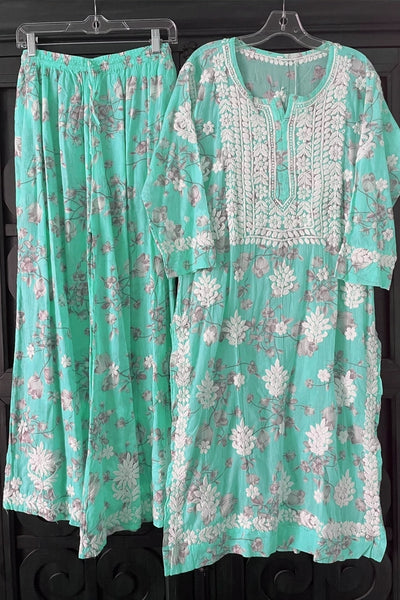 Turquoise Floral Lucknowi Palazzo Suit at PinkPhulkari CaliforniaTurquoise Floral Lucknowi Palazzo Suit at PinkPhulkari California