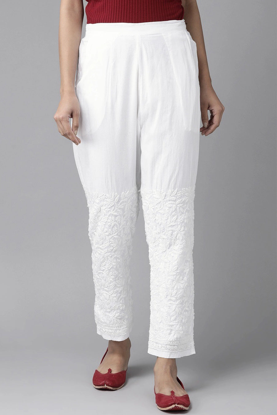 White Cotton Embroidered Pants with Pockets at PinkPhulkari California